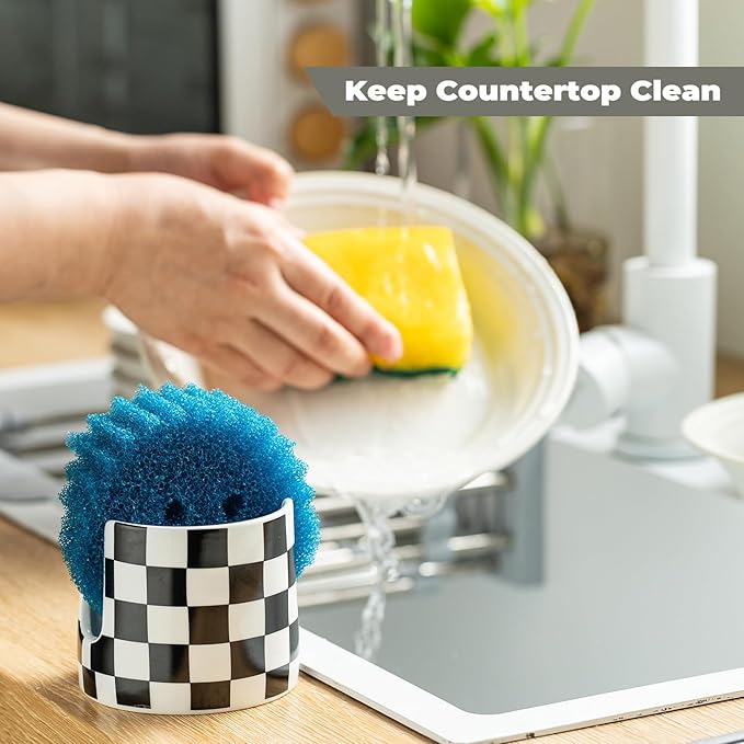 Zoeeker Checkered Kitchen Sink Sponge Holder, Dish Sponge Rack Ceramic Brush