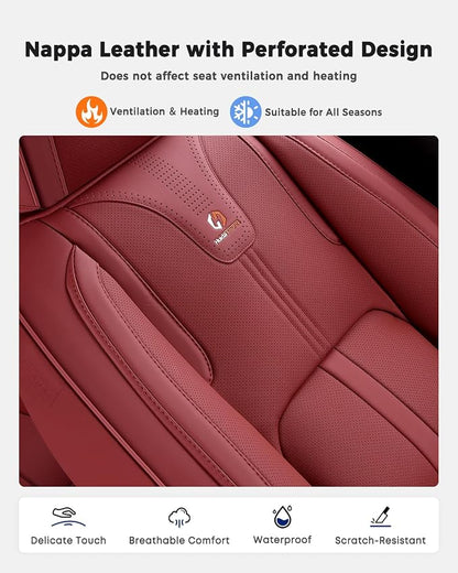 Huidasource Red Front Seat Cover Luxury Nappa Leather, Front Car Seat Cover with Airbag, Front Storage Pocket, Lumbar Support, Cooling＆Heating, Seat Covers Universal Fit for Most Cars SUV Trucks, Red