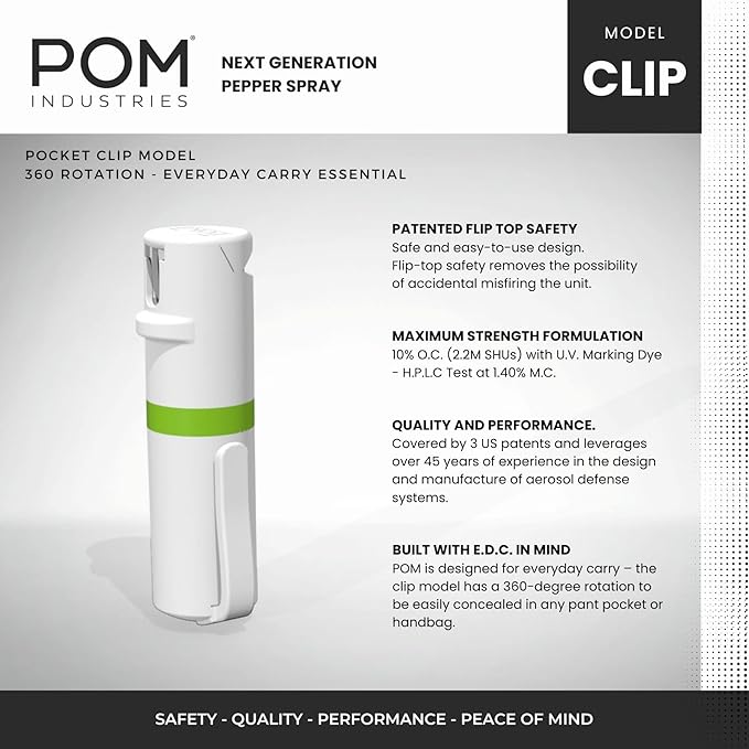 POM Pepper Spray Pocket Clip, Quick Flip Top Safety, Maximum Strength OC Formula