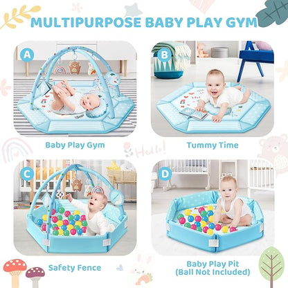 Baby Gym Play Mat, 8-in-1 Tummy Time Mat & Ball Pit with 6 Toys, Washable Baby Activity Mat for Visual, Hearing, Sensory, Motor Development, Baby Gift for Newborn Infant 0-3-6-9-12 Months (Blue)