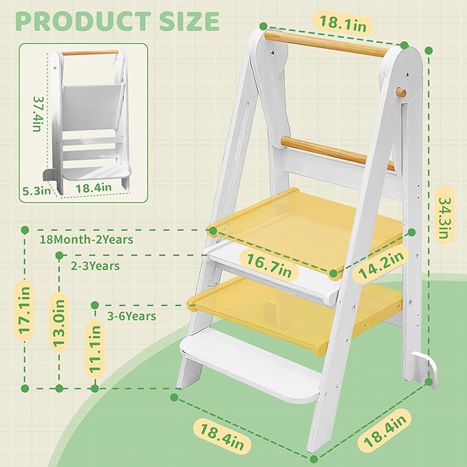 Foldable Toddler Tower 95% Preassembled Kitchen Stool Helper Folding Step Stool for Kids Montessori Toddler Standing Tower with 3 Adjustable Height Helper Tower for Kitchen Counter Sink White