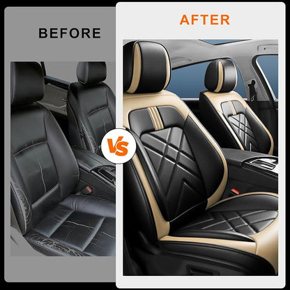 Focus Car Seat Covers Fit for Ford Focus 2009-2018, Premium Full Coverage Leather Automotive Seat Protectors, All Seasons Waterproof Breathable, Airbag Compatible, 2 Front Seats, Black Beige