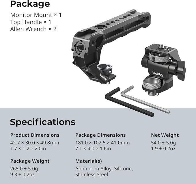 SMALLRIG Top Handle with Monitor Mount Kit, with 3/8"-16 Locating Holes