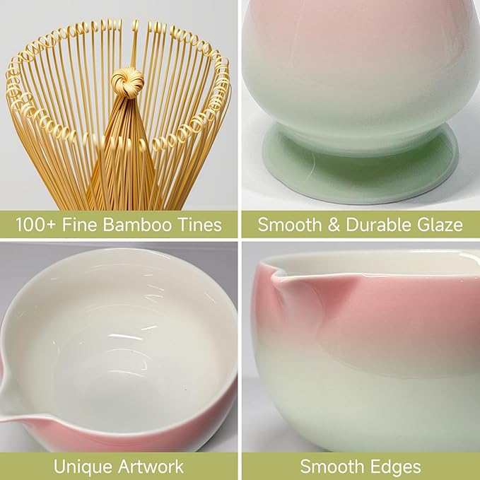 Matcha Whisk Set with Ceramic Bowl - Bamboo Whisk (Chasen), Scoop, Sifter & Holder - Complete Kit for Traditional Matcha Tea - Unique Gifts for Tea Lovers (Sakura Moss Fade)