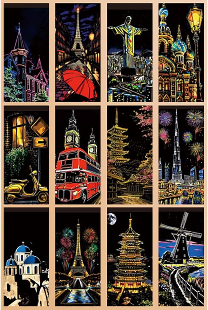 Scratch Art Painting Scratch Paper Rainbow Painting Sketch Pads DIY Art Craft Set， 4 Pcs Vincent Van Gogh Engraving and 24Pcs Classic Landmarks and Animal Series for Kids & Adults with 3 Tools