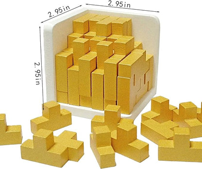 3D Wooden Brain Teaser Puzzle Cube Wooden Puzzles T-Shaped Jigsaw Logic Puzzle Game Puzzles Educational Toy for Kids and Adults (Golden)