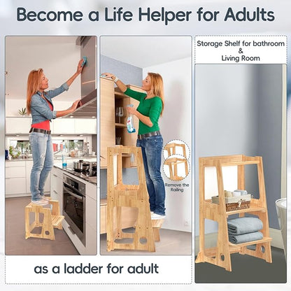 4 in 1 Kids Toddler Kitchen Stool Helper with Double-Sided Whiteboard, Wooden Toddler Learning Standing Tower, Non-Skid Feet Children Step Stool for Kitchen Counter, Bathroom Sink, Adult Use