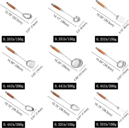 18/10 Stainless Steel Kitchen Utensils Set with Wooden Handle for Cooking 9 PCS with Solid and Slotted Spoon, Fork, Spatula, Ladle, Skimmer, Slotted Tunner, Spaghetti and Large Spoon