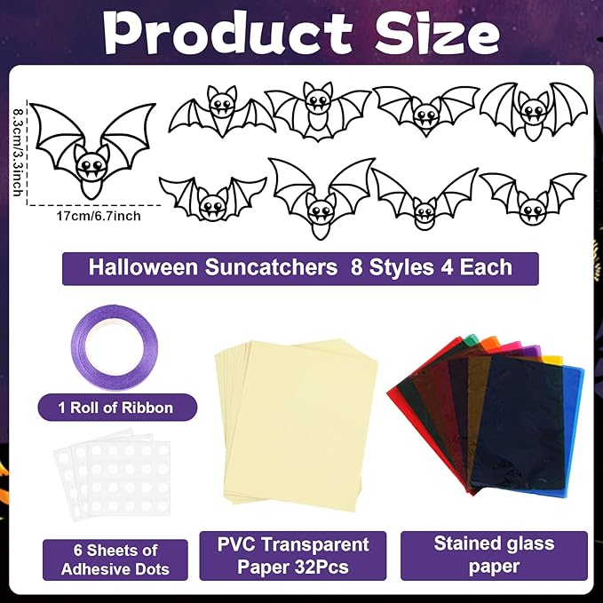 QOUBAI 32 Sets Halloween Bats Suncatchers Craft Kit DIY Window Stained Glass Effect Halloween Bats Paper Crafts Home School Classroom Decoration Kid Birthday Gift Creative Art Project Activity Game