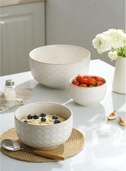 Mikiegy Ceramic Mixing Bowls Set of 4, Nesting Ceramic Embossment Stoneware
