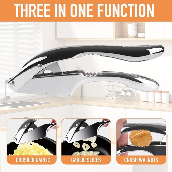 Garlic press and slicer 2 in 1,Effortlessly Crush, Slice, and Mince Garlic,with this Versatile Kitchen Tool - Perfect for Home Cooks and Professional Chefs Alike. (Silvery)