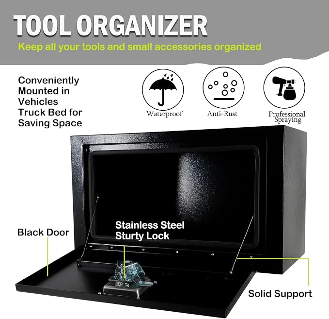 24 Inch Underbody Truck Tool Box with T-Handle Lock,Heavy Duty Truck Storage Organizer Tool Box Chest For Storage Smooth Surface Waterproof, 24"x 12"x 14" inch Black