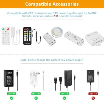 PAUTIX COB LED Strip Light White CCT Tunable 4800LEDs, CRI90+ 24ft/7.5m