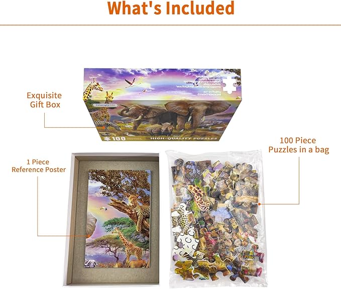 100 Piece Puzzles for Kids, African Animal 100 Piece Puzzles for Adults, Animal World Puzzle Jungle Scene Puzzle, Jigsaw Puzzles 100 Pieces for Seniors Teens Kids Ages 6-10 Brain Teaser
