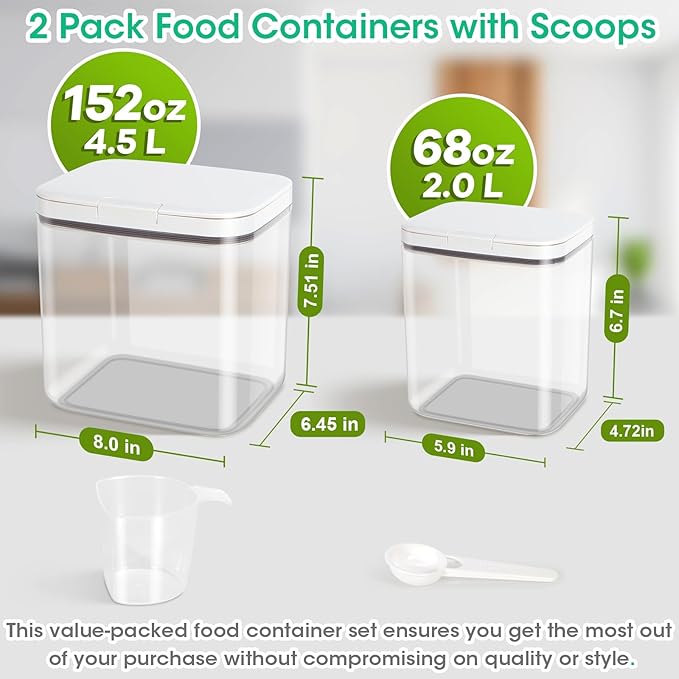 2 Pack Flour and Sugar Storage Containers with One-Press Flip-up Lid, 2.1Qt + 4.75 Qt Food Storage Container for Rice, Nuts, Snack, Dog Treat, Laundry Room, Kitchen Organization