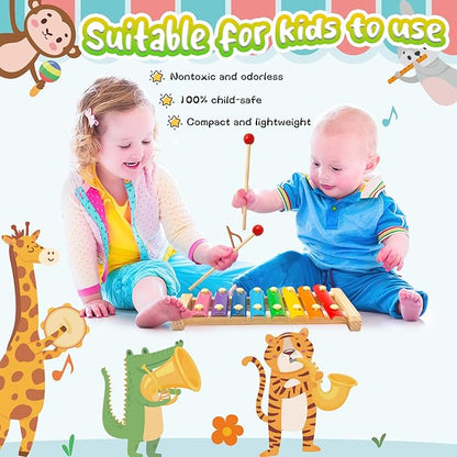 LovesTown Wooden Xylophone Musical Toy, 8 Rainbow Keys, 2 Mallets, Educational Instrument for Toddlers