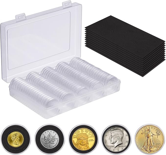 100Pcs 30mm Coin Holders with 5-Size Foam Gasket, Plastic Coin Capsules for Collectors, Clear Coin Case with Storage Organizer Box for Coin Collection Supplies, Black Gasket 17/20/25/27/30mm