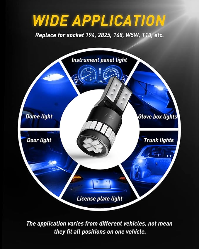 AUXITO 194 Blue LED Bulbs 168 175 2825 W5W T10 24-SMD 3014 Chipsets for Car Interior Dome Door Map Dashboard Courtesy Light License Plate Lights, Pack of 2