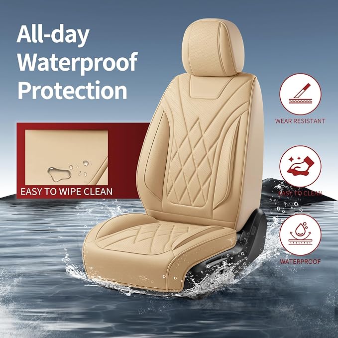 Car Seat Covers Compatible with Hyundai Kona 2018-2025 2026 - Full Set 5 Seats Luxury Leather All-Weather Seat Cushions & Protectors, Waterproof & Breathable, Airbag Compatible (Beige)