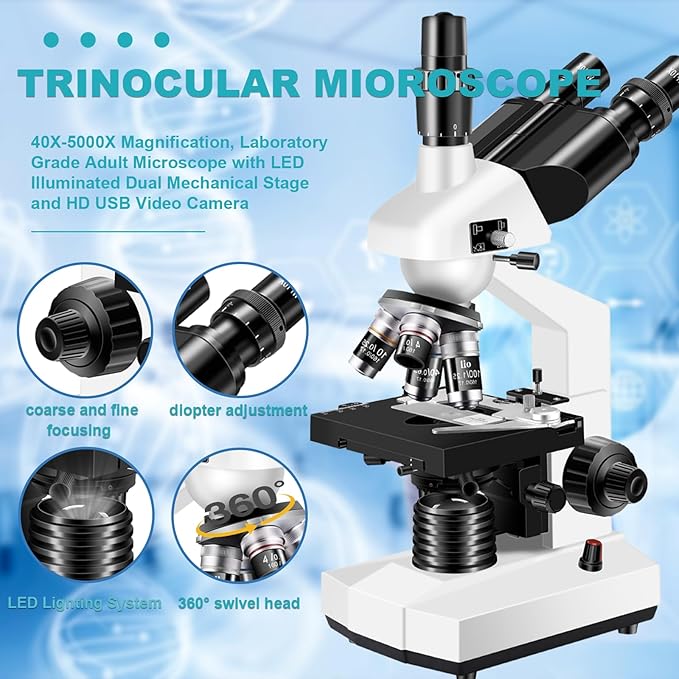 Trinocular Microscope 40X-5000X Magnification Laboratory Grade with Dual Mechanical Stage and HD USB Camera Microscope for Adults