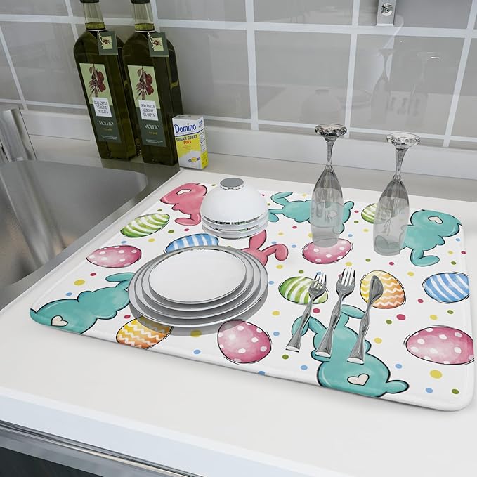 Easter Dish Drying Mat for Kitchen Counter Colorful Bunny Holiday Microfiber