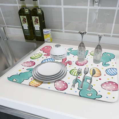 Easter Dish Drying Mat for Kitchen Counter Colorful Bunny Holiday Microfiber