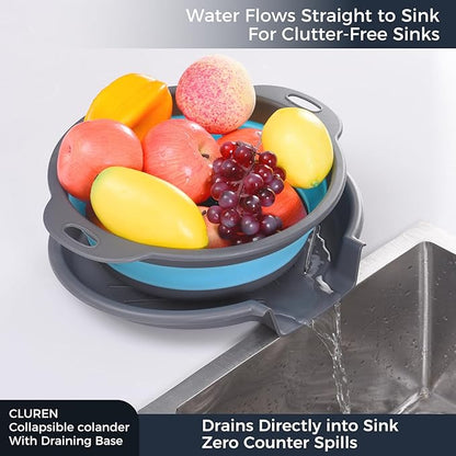 Collapsible Colander Set with Oversized Draining Tray | 3-Pack Foldable Kitchen