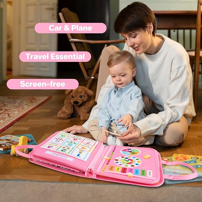 Toddler Busy Board Montessori Toys, Sensory Toys for 1 2 3 4 Year Old Girl, Busy Book Travel Educational Activities for Learning Fine Motor Skills Birthday Gifts (Pink Unicorn/P10)