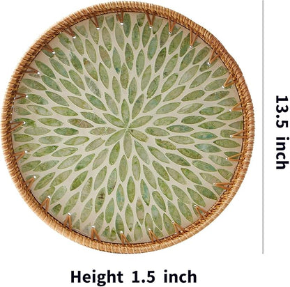 Round Rattan Tray with Mother of Pearl Inlay, Rattan Serving Tray with Wooden Base, Decorative Wicker Basket for Table Decor, Storage and Display of Coffee Bread Food Fruit (Leaf 13.5")