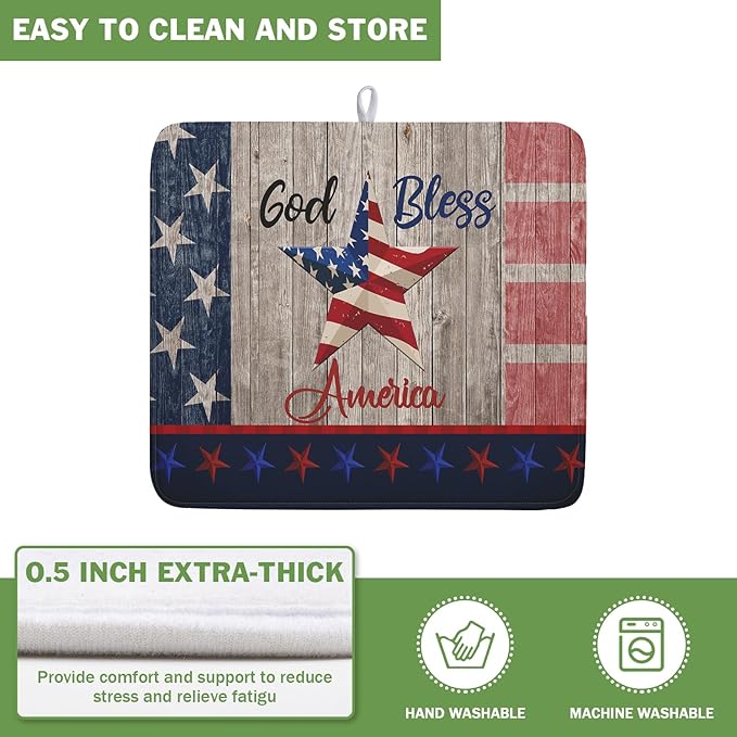 Kawani 4th of July Dish Drying Mat 16x18 Inch Patriotic God Bless America