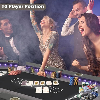 LED Poker Table, 84" 10 Player Foldable Texas Holdem Table w/Inlaid LED Light, 2 USB & 2 Type-c Ports, Portable Blackjac for Texas Card Game w/Cup Holders and Padded Rails (Black)