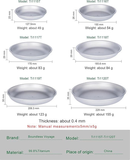 Boundless Voyage Titanium Camping Plate Dishes Saucer Lightweight Round Dinnerware Set Stackable Serving Plates Pasta Plates Travel Outdoor Home Kitchen Tableware Set Ti1141T