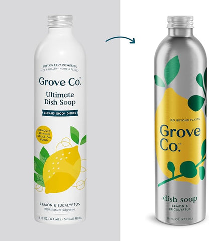Grove Co. Dish Soap, 3 x 16 fl oz Refills + Refillable Glass Dispenser | Lemon & Eucalyptus; Plastic-Free; Reusable dispenser; Refill format; Removes Stuck on Food; 98% plant-based ingredients