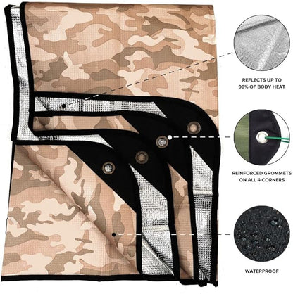 Arcturus Insulated Tarp, Reusable Heavy Duty Thermal Survival Blanket ??60x82in, Reflects 90% Body Heat, Waterproof, Windproof, 3-Layer Design, Reinforced Grommets, Desert Camo