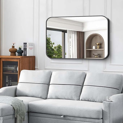 Black Bathroom Mirror, 28x42 inch Aluminum Metal Frame Rectangular Vanity Mirror