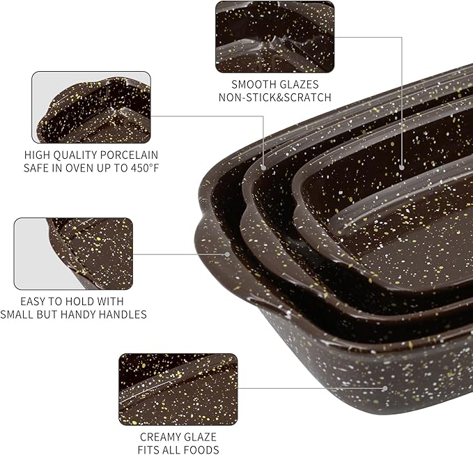 3-Pack Deep Rectangular Ceramic Baking Dishes, Heavy-Duty Oven-Safe Stoneware