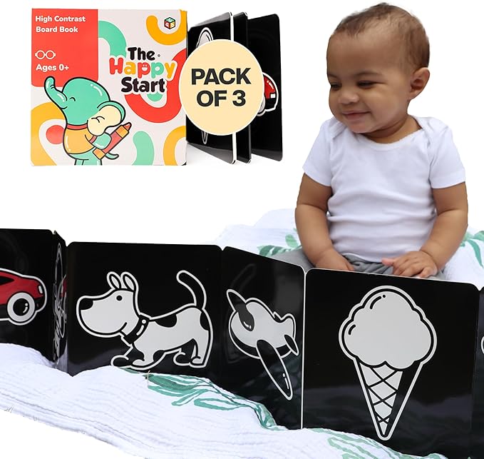 Happy Start Award-Winning High Contrast Board Book - Newborn Black & White Baby Cards, Easy to Clean, Hospital Approved, Stands on Its Own, Tummy Time Toy, Ages 0+ (English - Pack of 3)