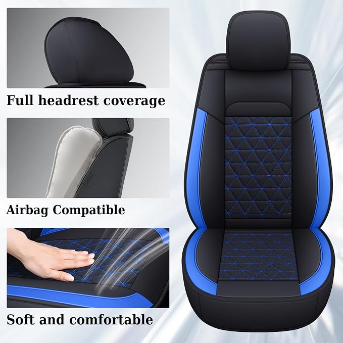 Coverado Car Seat Covers Full Set, Leather RAM 1500 Seat Covers Protectors Compatible with 2002-2026 Dodge RAM 1500 2500 3500 Crew Double Mega Quad Cab with Flat Bench, Blue