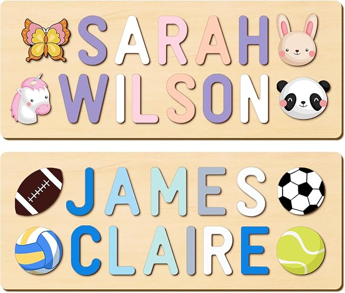 Personalized Name Puzzle for Kids, Easter Basket Stuffers, Custom Wooden Puzzle for Toddlers 1-3, First Birthday Gifts for Baby boy Girl, Montessori Learning Toys