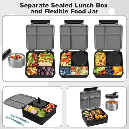 Bento Lunch Box with 8oz Soup Thermo, Kids Leakproof Lunch Food Containers with 4 Compartment, Kids Thermo Insulated Hot Food Jar for School, Trvael (Grey)