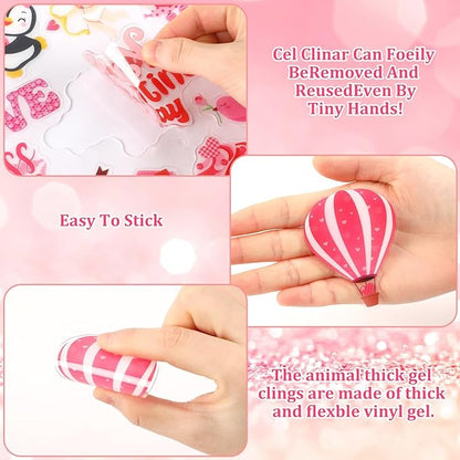 MARFOREVER 50 PCS Valentine's Day Gel Window Clings Stickers Reusable Cartoon Heart Love Rose Thick Gel Clings Decals for Valentine's Day Kids Classroom Party Window Glass Decoration