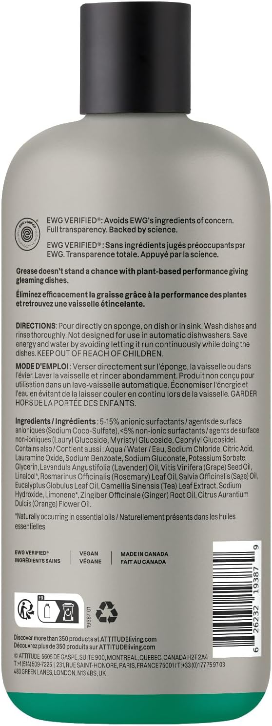 ATTITUDE Dish Soap, Infused with Essential Oils, Plant-Based Ingredients, EWG Verified, Great for Clean and Sparkling Dishes, Vegan Dishwashing Liquid, Lavender & Rosemary, 16.5 Fl Oz