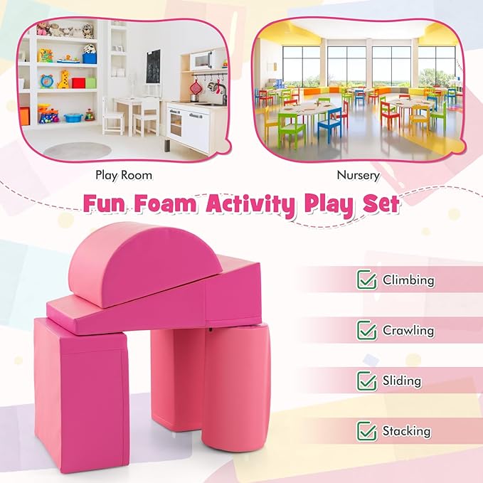 HONEY JOY 5-Piece Climb and Crawl Playset, Soft Climbing Foam Block Activity Play Structure Gym Equipment for Infant Baby, Color Coordination, Waterproof Indoor Climbing Toys for Toddlers (Pink)