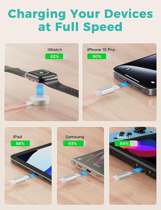 Travel Essentials,3 in 2 USB C Cable for Apple Watch Charger,iPhone Charger,Multi Charging Cable,Cruise Vacation Camping Essentials,Portable for iWatch Series 11-2/Ultra/SE & iPhone 17-12,Car,Pink