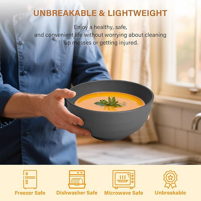 Homienly Wheat Straw Bowls Set of 8, 60oz Extra Large Unbreakable Bowls - Lightweight Alternative to Plastic Serving Bowls for Cereal, Ramen & Soup, Microwave Safe for Outdoor Activities (Grey)