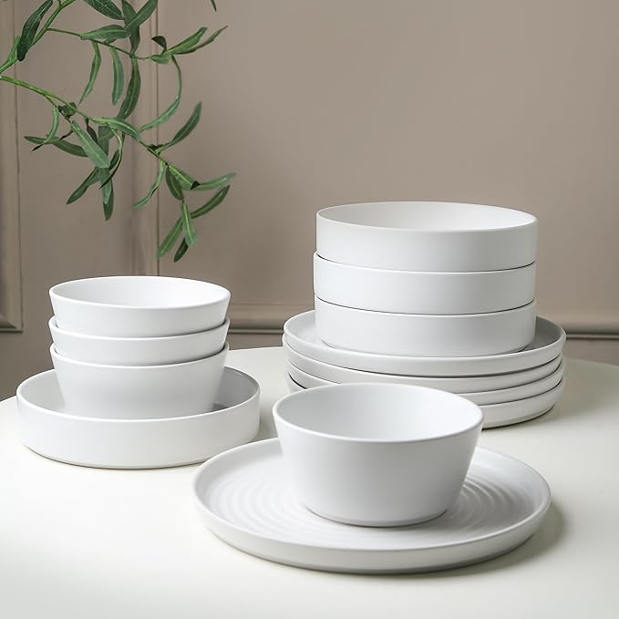 Stone Lain Elica 12-Piece Modern Dinnerware Set Stoneware, Plates and Bowl Sets for 4, White