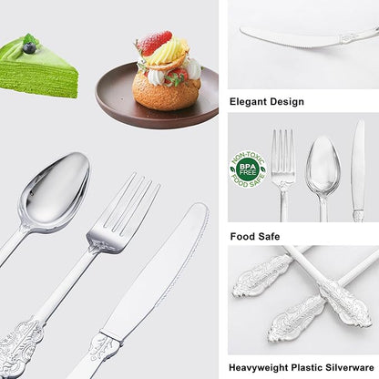 Liacere 400PCS Silver Plastic Silverware - Pre Rolled Napkins Disposable Silver Cutlery-Premium Quality Gold Plastic Utensils - Includes 100Forks,100Knives,100Spoons,100Napkins&Christmas