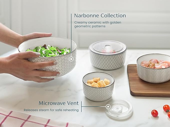 KooK Serving Bowls, with Lids, Ceramic Nesting Bowls, Microwave and Dishwasher
