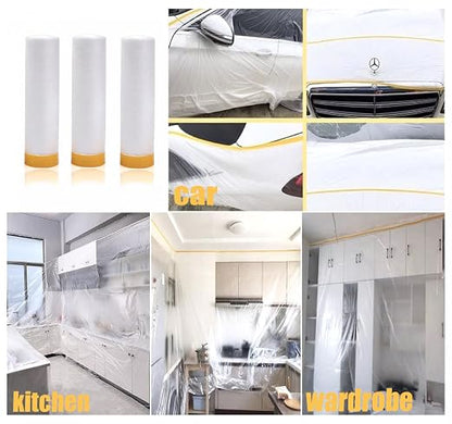 Painters Plastic With Tape, Pre-Taped Masking Film, 4 Rolls Automotive Best Tape and Drape, Paint Adhesive Protective Film Roll for Covering Skirting, Frames, Cars and Auto Body (5 X 65-Feet)