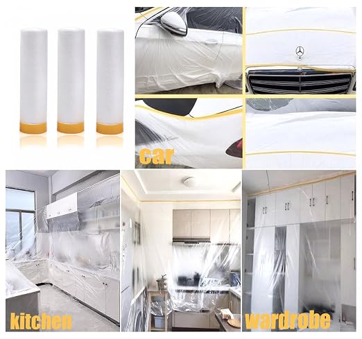 Painters Plastic with Tape, Pre-Taped Masking Film, Automotive Best Tape and Drape, Paint Adhesive Protective Film Roll for Covering Skirting, Frames, Cars and Auto Body (5 X 65-Feet) (1)